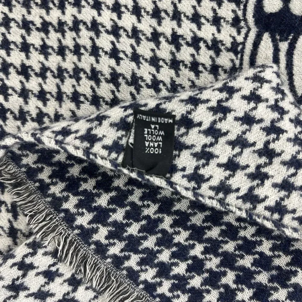 Psycho Bunny Scarf Navy Houndstooth Check Wool Italy Made 70
